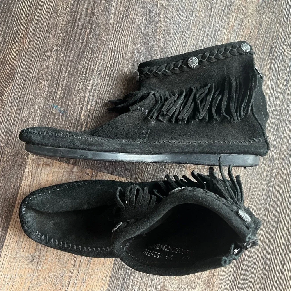 Moccasin Ankle Boots Black Suede‎ Fringe Detail Western Style